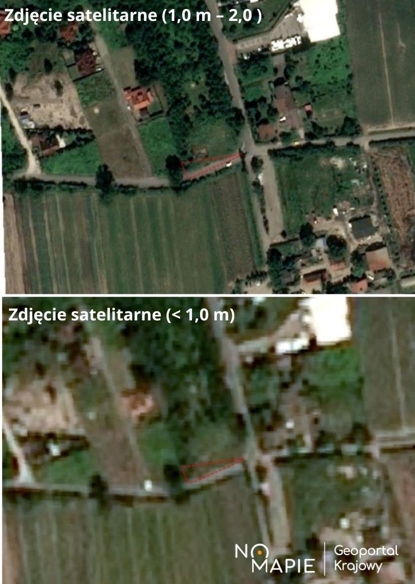 Porównanie zdjęcia satelitarnego działki w różnych rozdzielczościach, Geoportal Na Mapie