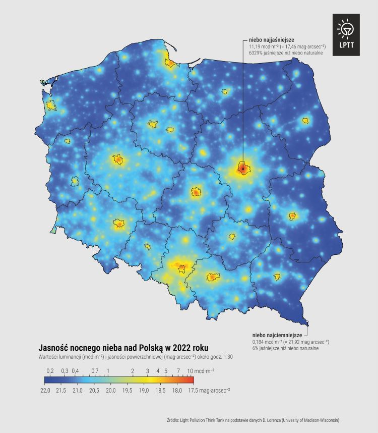 Jasność nocnego nieba nad Polską, źródło: raport LPTT