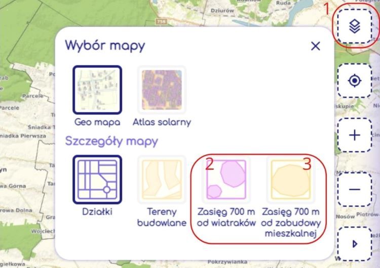 Wybór mapy - wybierz “Zasięg 700 m od wiatraków” lub “Zasięg 700 m od zabudowy mieszkaniowej”, Na Mapie