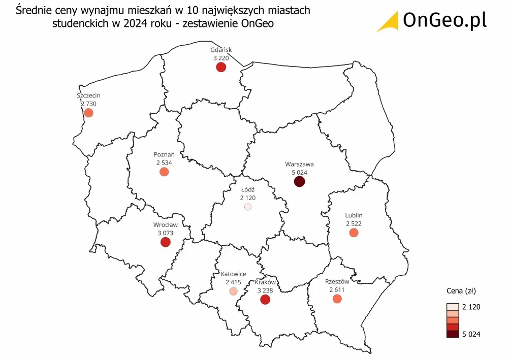 mapa średnie ceny wynajmu mieszkań miasta studenckie Polska 2024