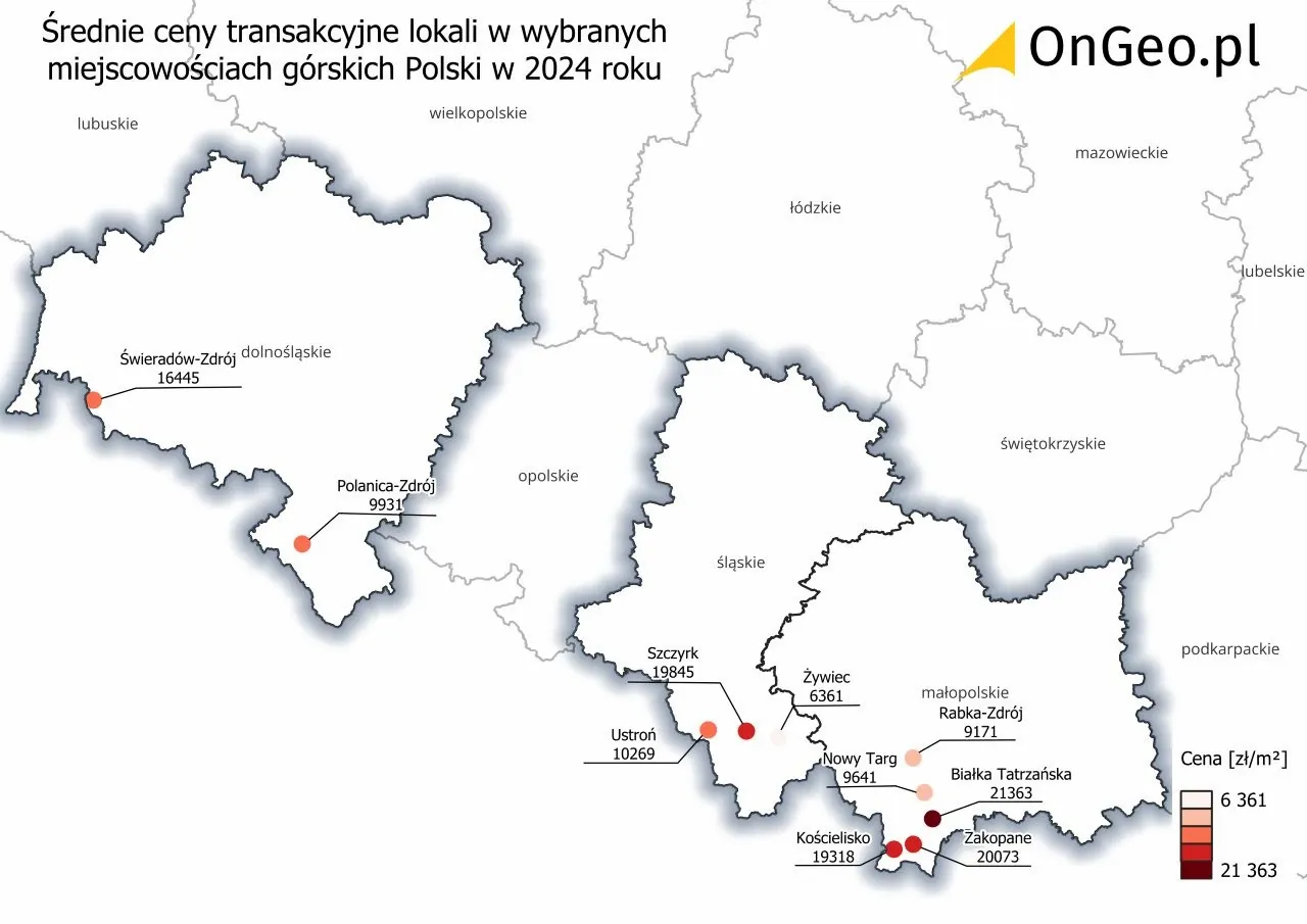 Średnie ceny transakcyjne lokali w wybranych miejscowościach górskich Polski w 2024 roku [zł/m²]. 