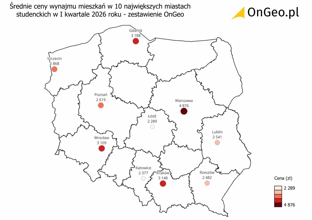 mapa średnie ceny wynajmu mieszkań miasta studenckie Polska 2026