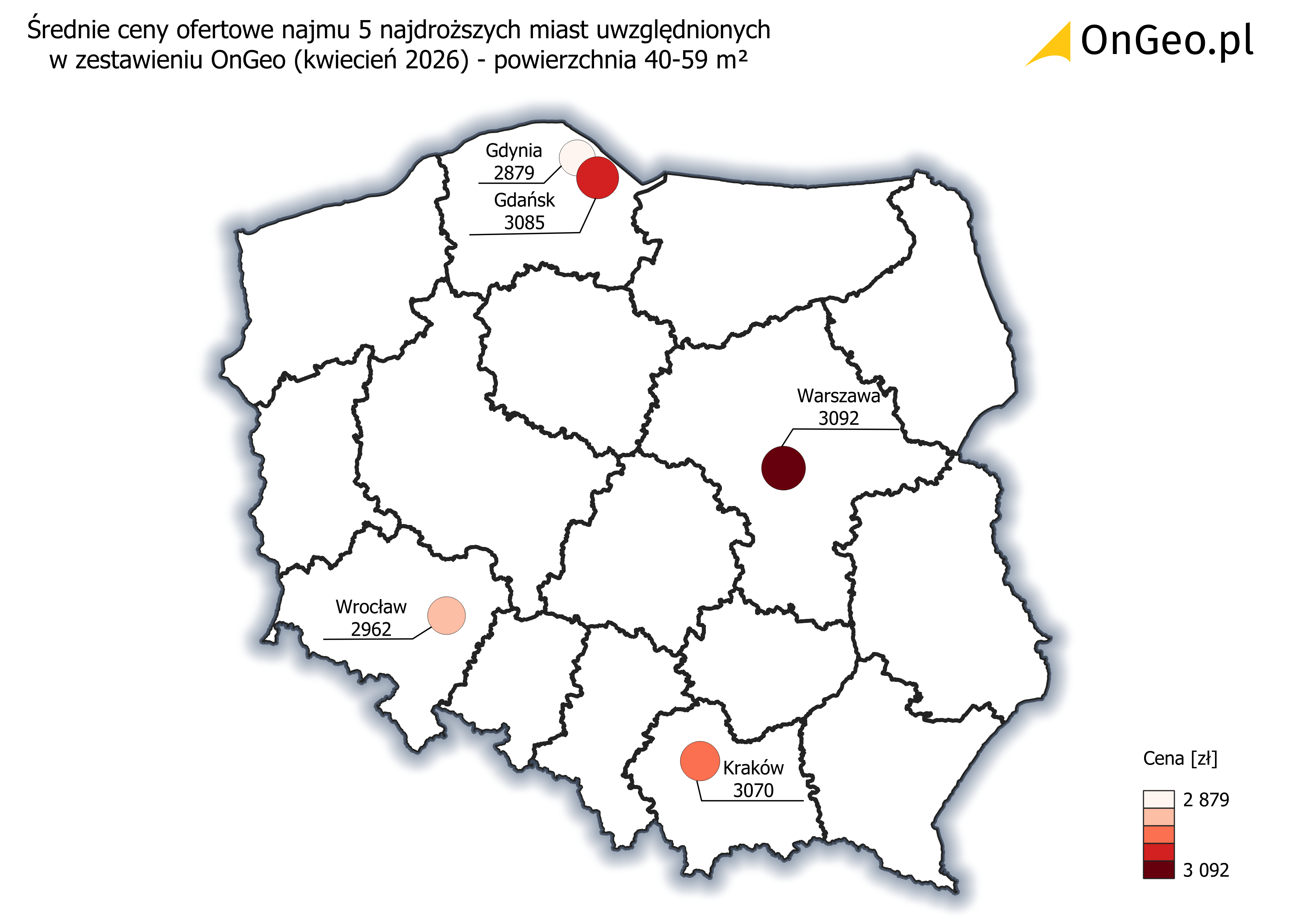 Średnie ceny ofertowe najmu 40-59 m² - 5 najdroższych miast, kwiecień 2026.