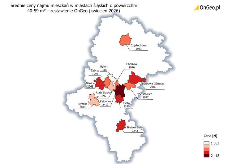 Średnie ceny najmu mieszkań 40-59 m² w miastach śląskich, zestawienie OnGeo, kwiecień 2026.