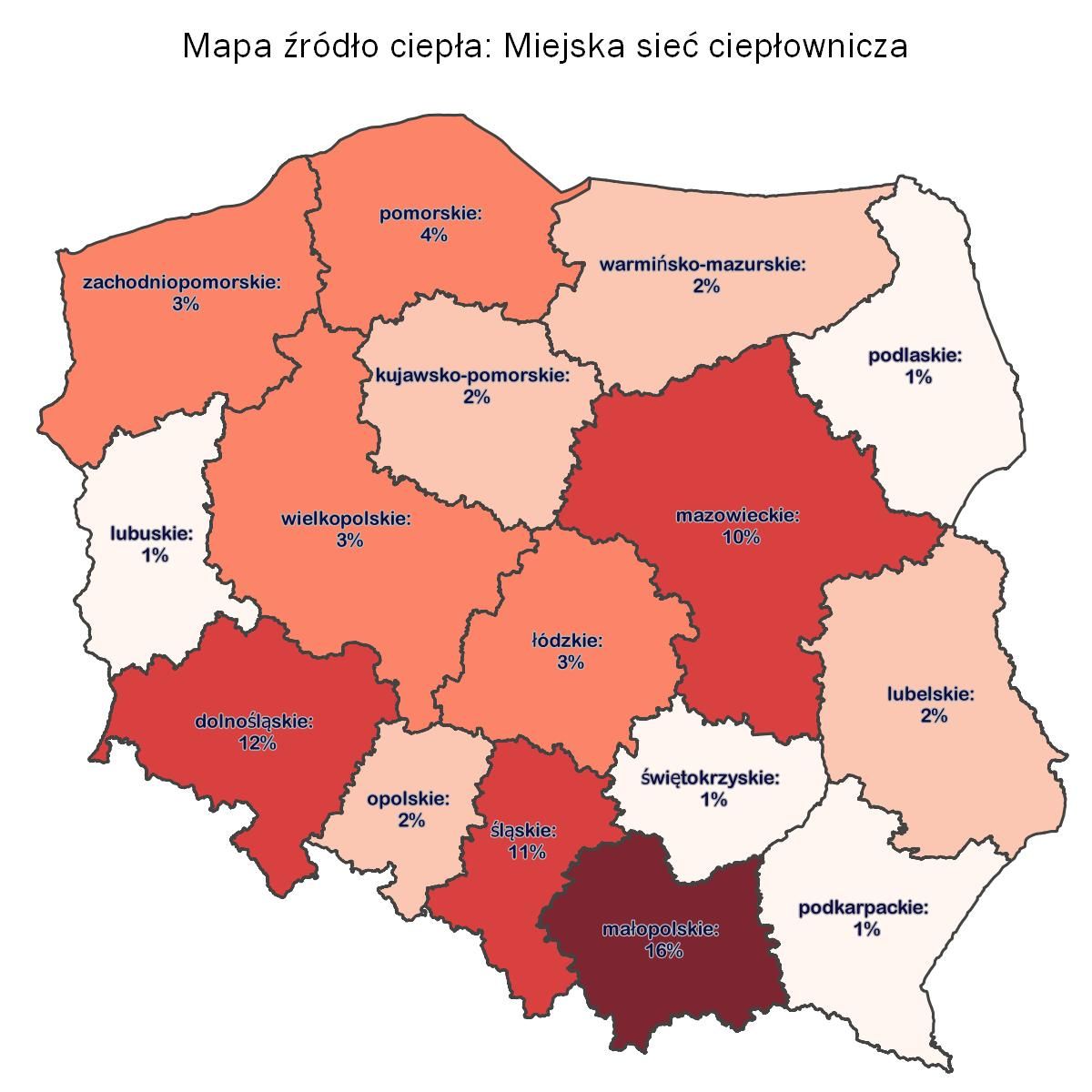 Mapa udział ogrzewania z sieci miejskich w źródłach ogrzewania 