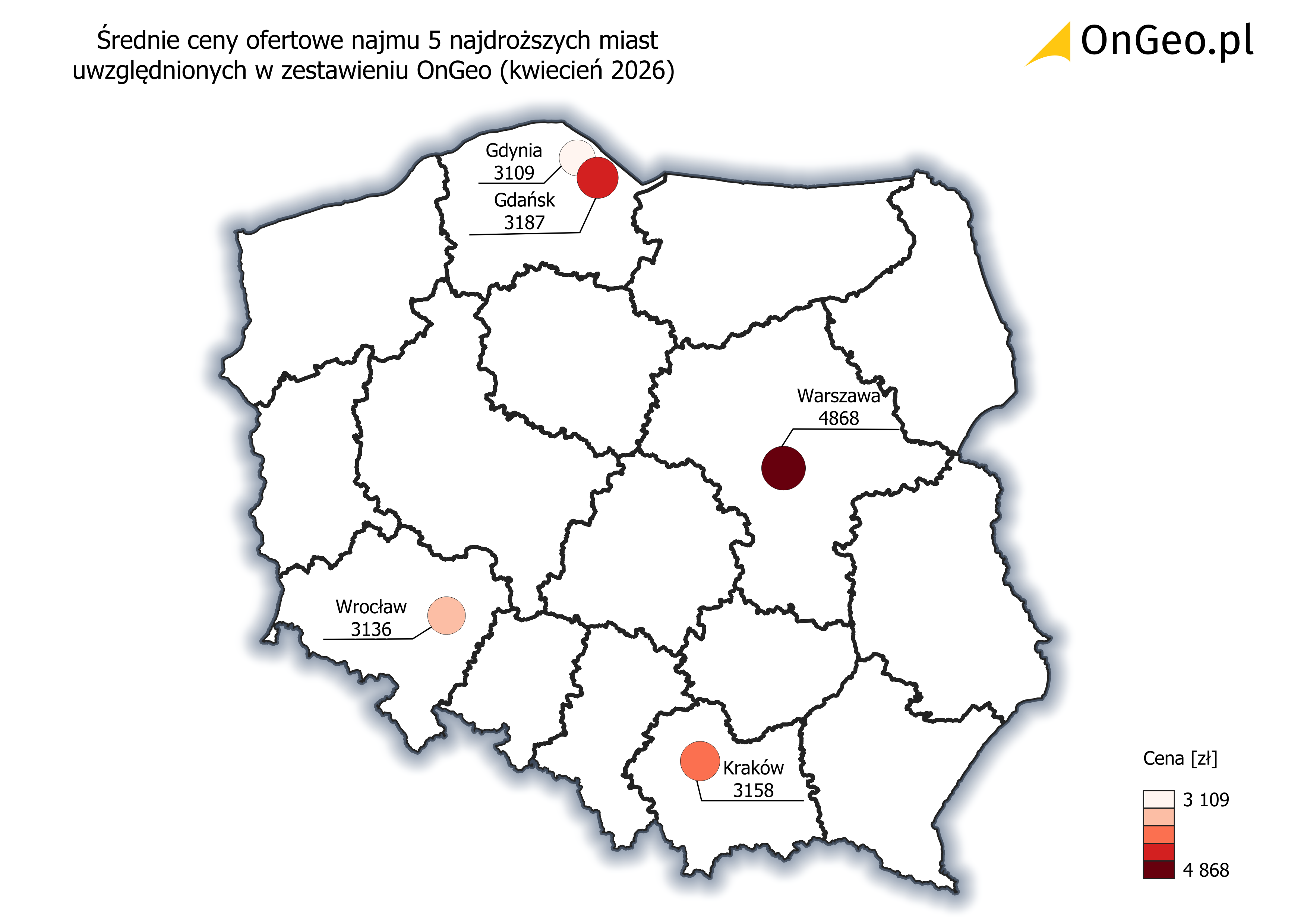 Średnie ceny ofertowe najmu 5 najdroższych miast, kwiecień 2026.