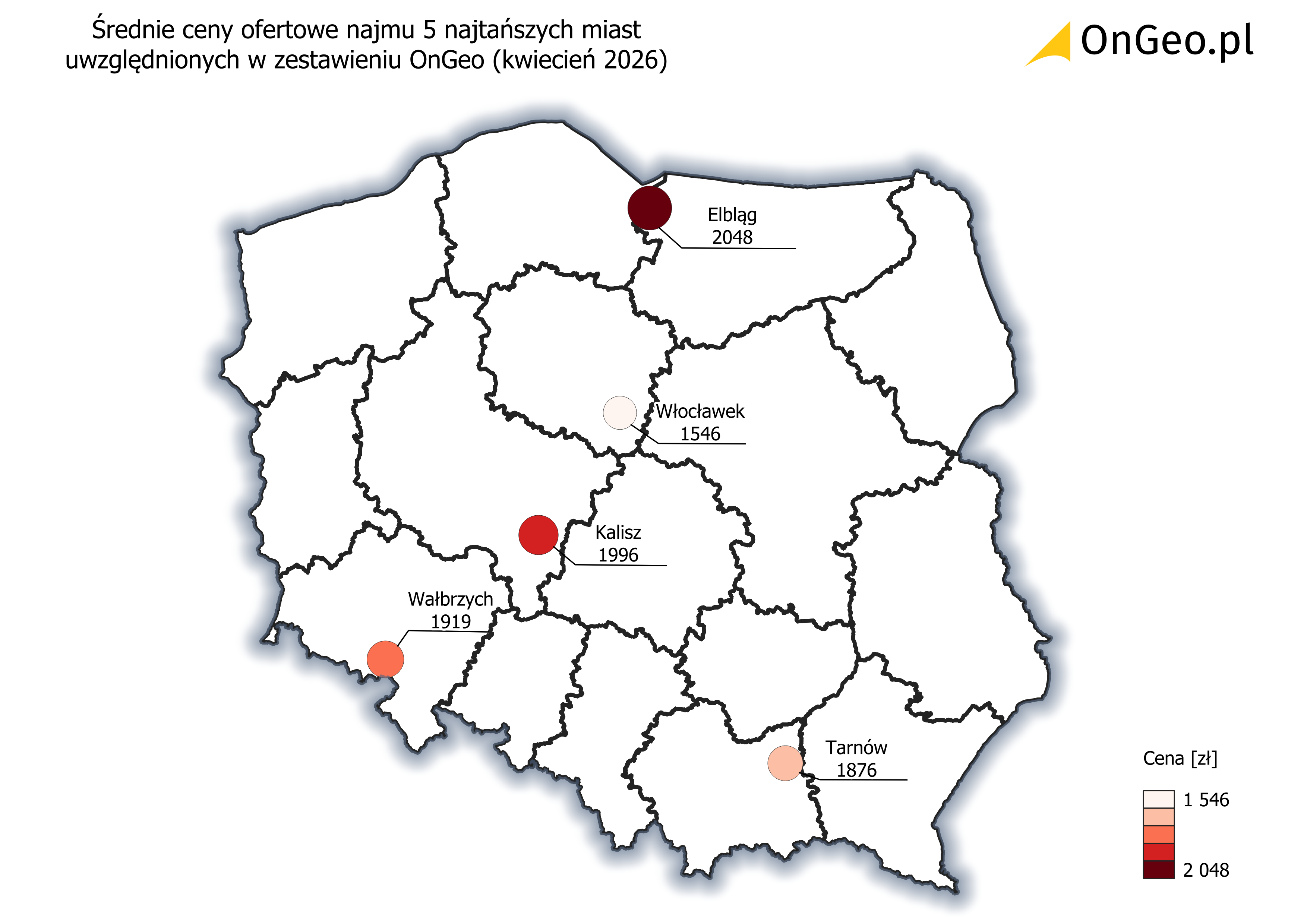Średnie ceny ofertowe najmu 5 najtańszych miast - kwiecień 2026.