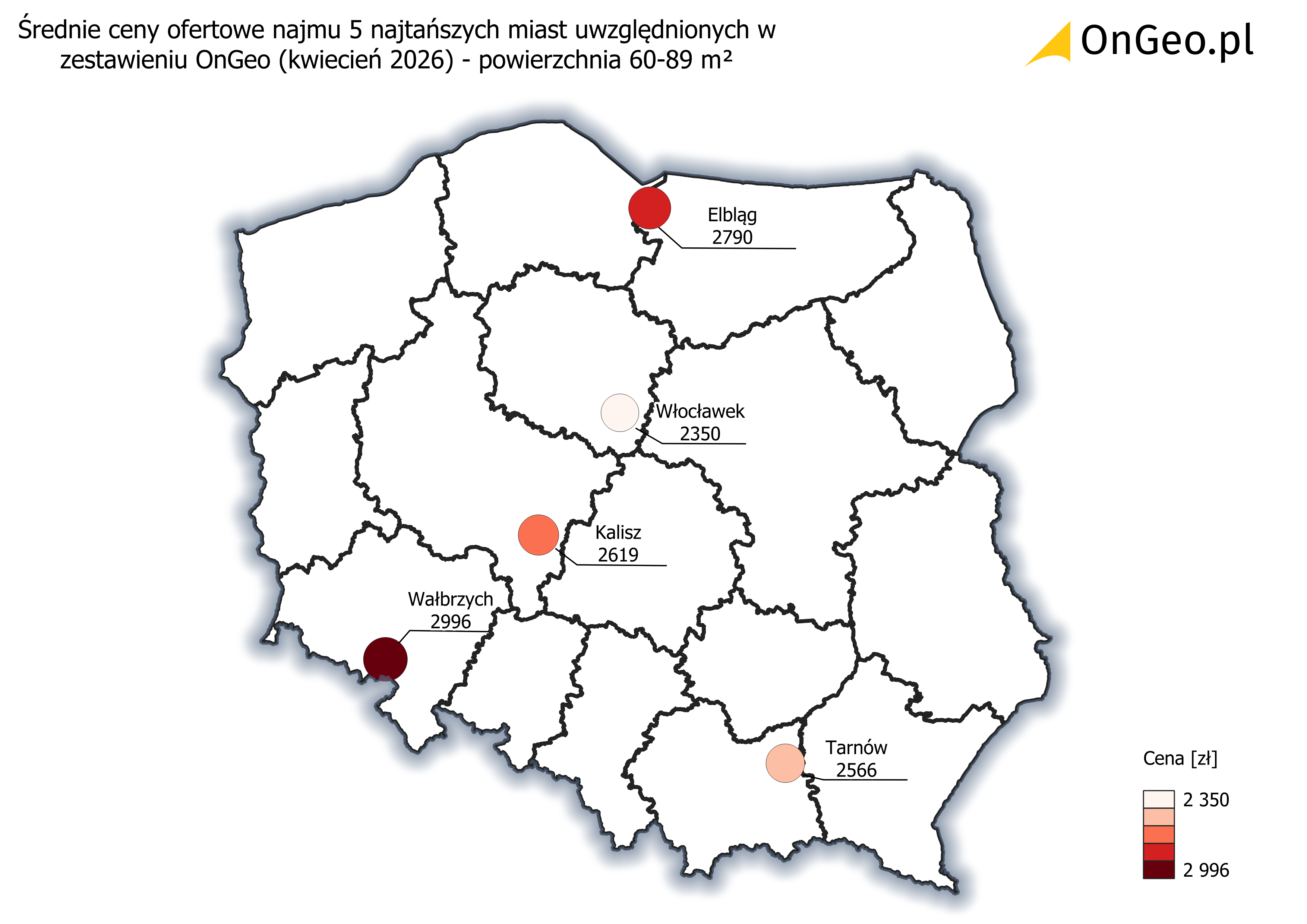 Średnie ceny ofertowe najmu 60-89 m² - 5 najtańszych miast, kwiecień 2026.