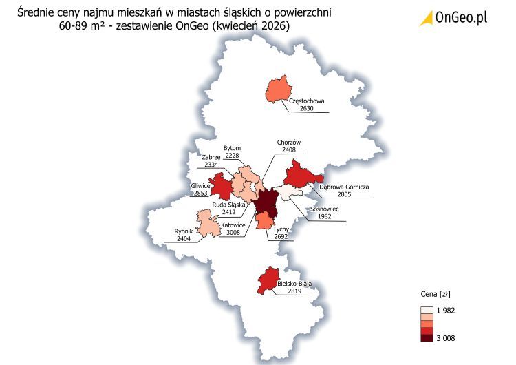Średnie ceny najmu mieszkań 60–89 m² w miastach śląskich, zestawienie OnGeo, kwiecień 2026. 