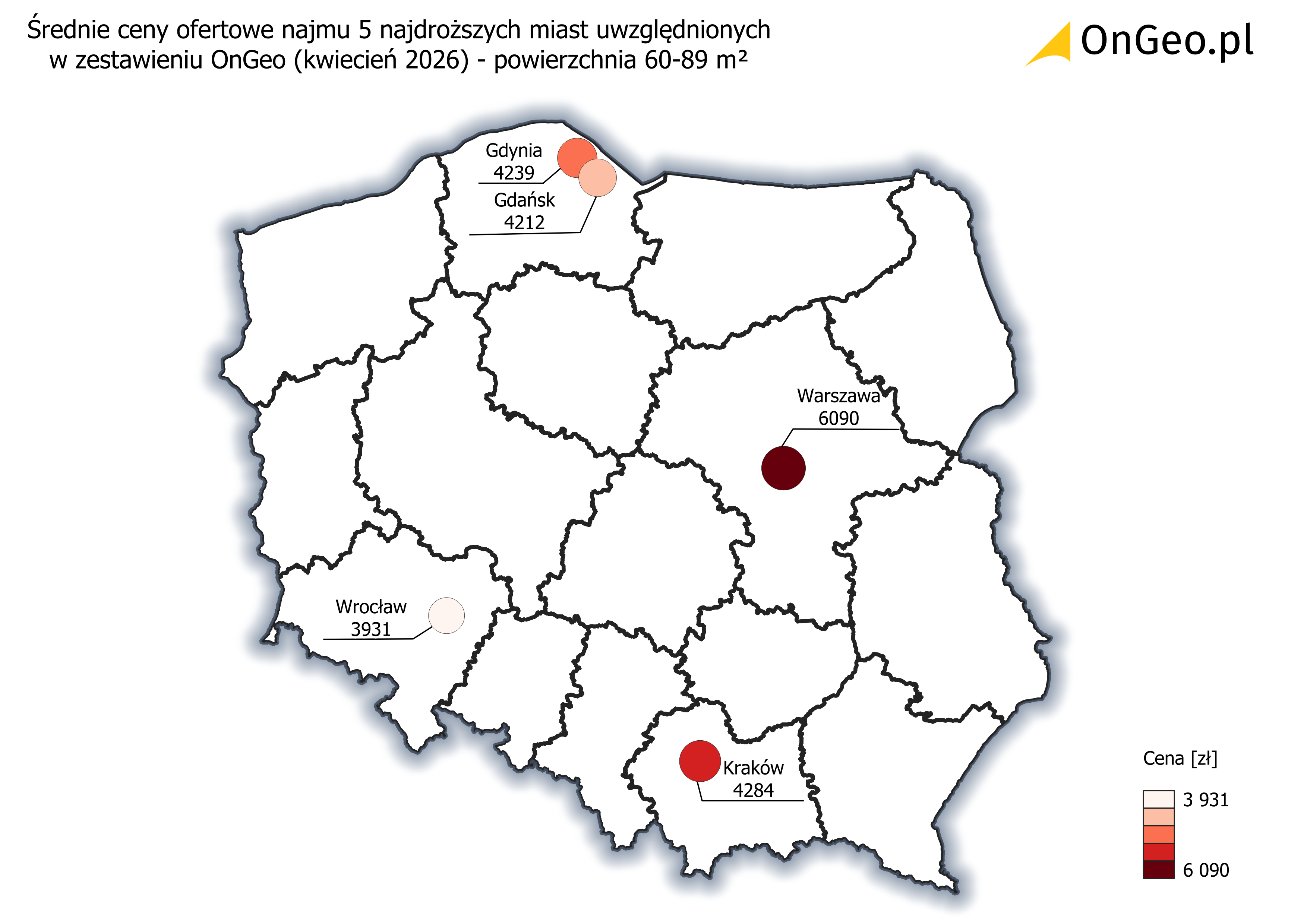 Średnie ceny ofertowe najmu 60-89 m² - 5 najdroższych miast, kwiecień 2026.