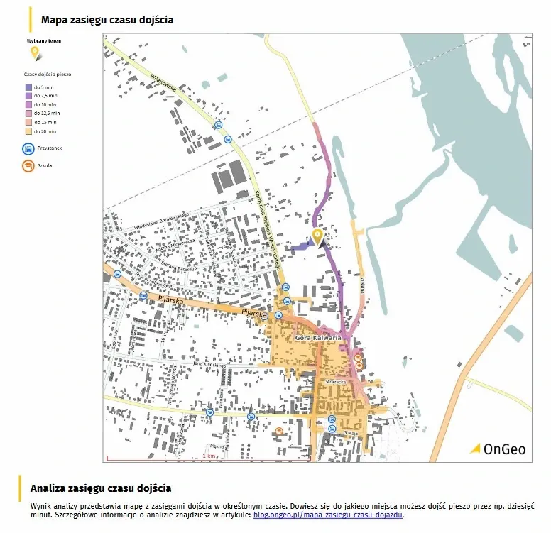 Fragment Raportu o Terenie - mapa zasięgu czasu dojścia pieszego
