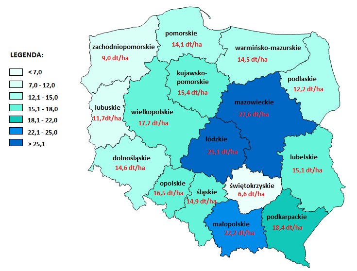 Średnia wysokość czynszu z dzierżawy ziemi rolnej w 2021r. w poszczególnych województwach; źródło: www.kowr.gov.pl