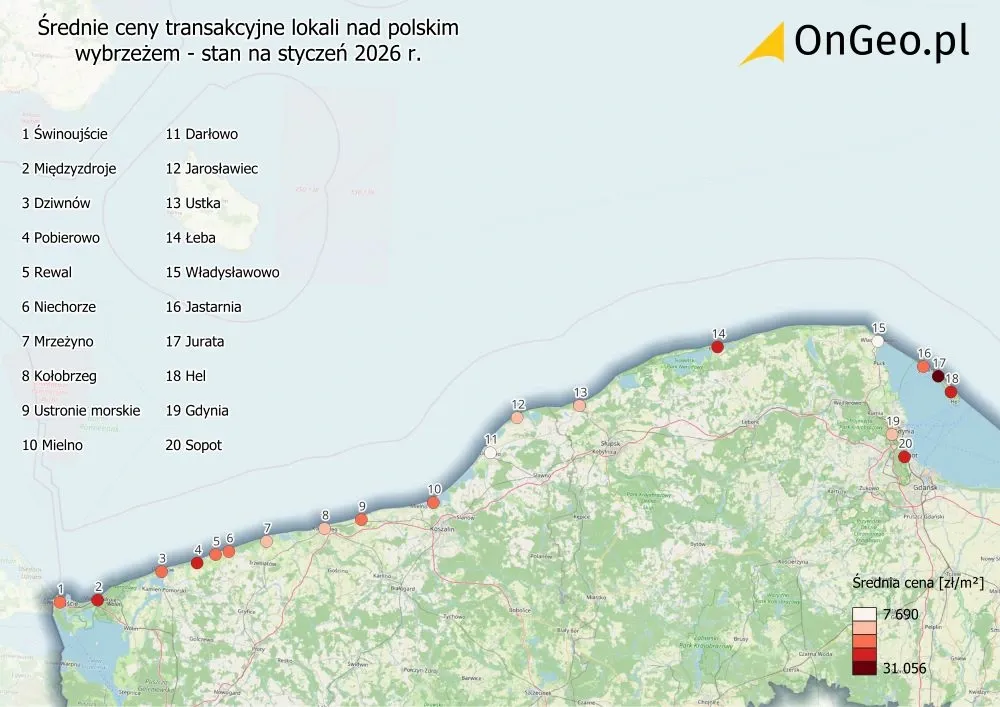Średnie ceny transakcyjne lokali nad polskim wybrzeżem - stan na styczeń 2026 r.