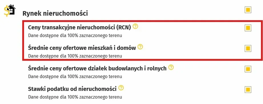 Zamawianie tematu ceny transakcyjne nieruchomości (RCN) i średnie ceny ofertowe mieszkań i domów w Raporcie o Terenie OnGeo.pl