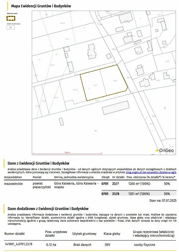 Dane z Ewidencji Gruntów i Budynków w Raporcie o terenie OnGeo.pl