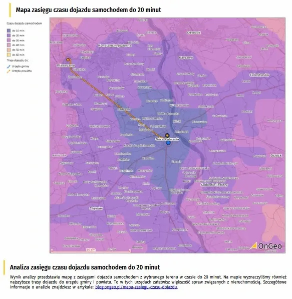 Mapa zasięgu czasu dojazdu samochodem do 20 minut z trasami do urzędu gminy i powiatu w Raporcie o Terenie OnGeo