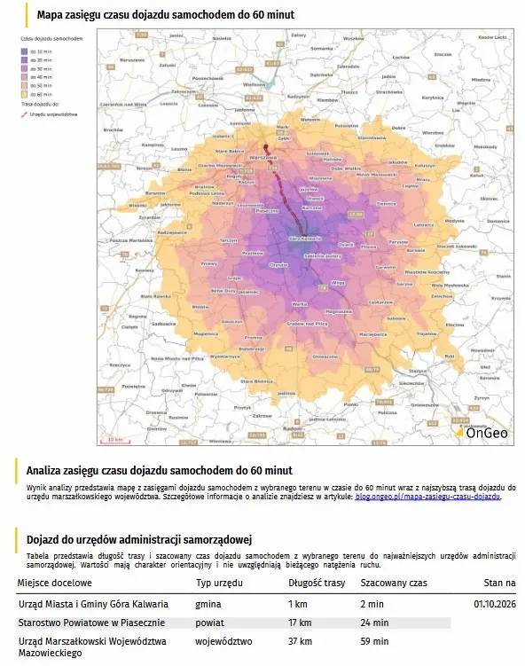 Fragment Raportu o Terenie&nbsp;- mapa zasięgu czasu dojazdu samochodem w 60 minut