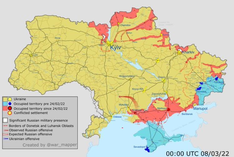 Mapa przybliżonej sytuacji na Ukrainie od 00:00 UTC 08.03.22, źródło: Twitter - Ukraine War Map