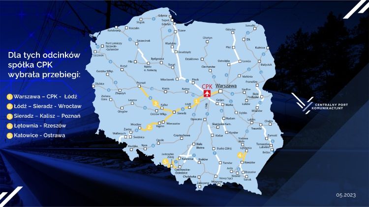 Znane przebiegi trasy linii kolejowych z CPK w Polsce, źródło: CPK