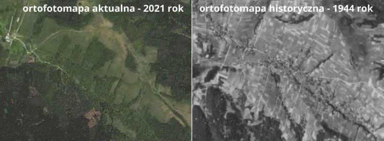 Nieistniejąca wieś Kamionka, gm. Dukla - ortofotomapa 2021 i 1944, Na Mapie