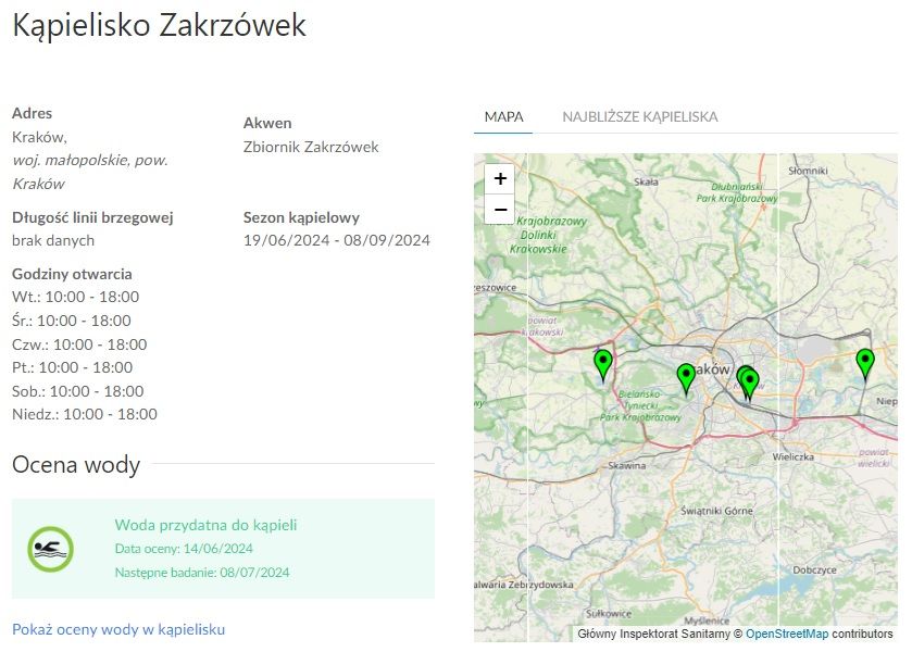 Przykładowe informacje o Kąpielisku Zakrzówek, Źródło: https://sk.gis.gov.pl/kapieliska