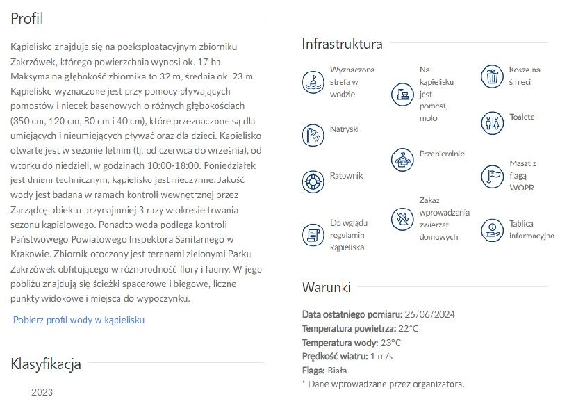 Przykładowe informacje o Kąpielisku Zakrzówek, Źródło: https://sk.gis.gov.pl/kapieliska