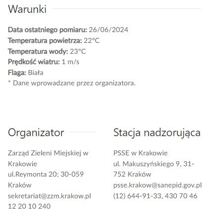 Przykładowe informacje o Kąpielisku Zakrzówek, Źródło: https://sk.gis.gov.pl/kapieliska