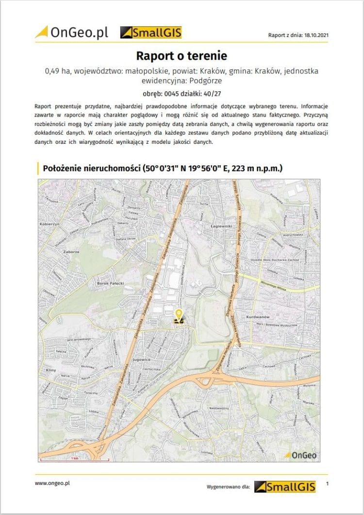 Przykładowa strona tytułowa Raportu o terenie z dodanym logo firmy SmallGIS.