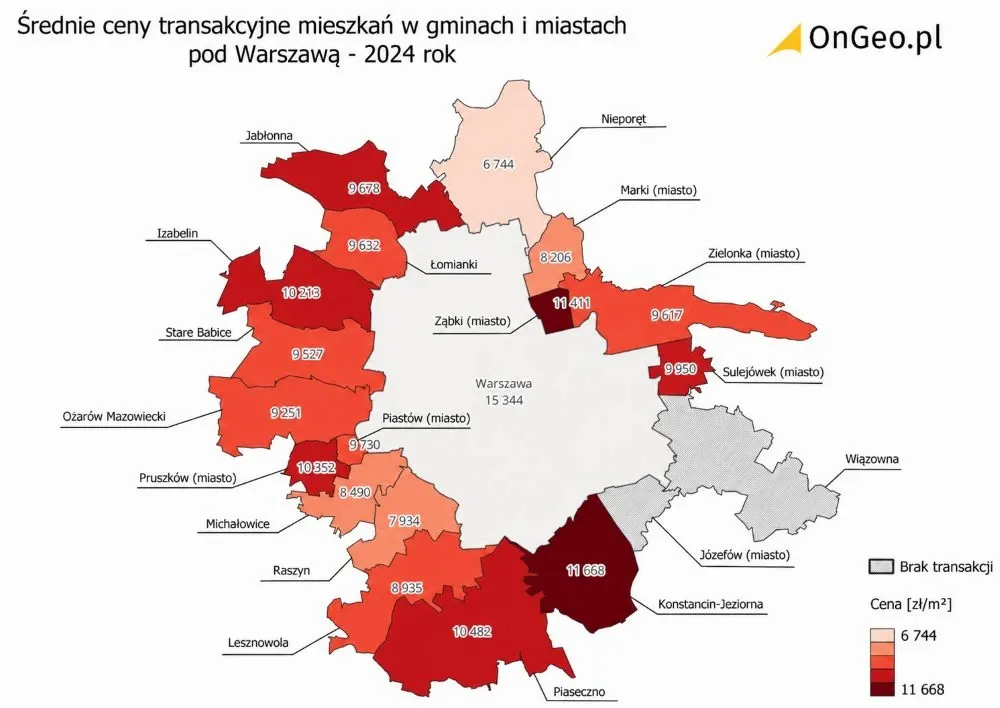 Średnie ceny transakcyjne lokali mieszkalnych w gminach i miastach pod Warszawą w 2024 roku (zł/m²).