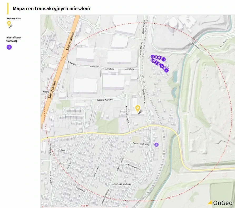 Mapa cen transakcyjnych mieszkań w Raporcie o Terenie OnGeo.pl.