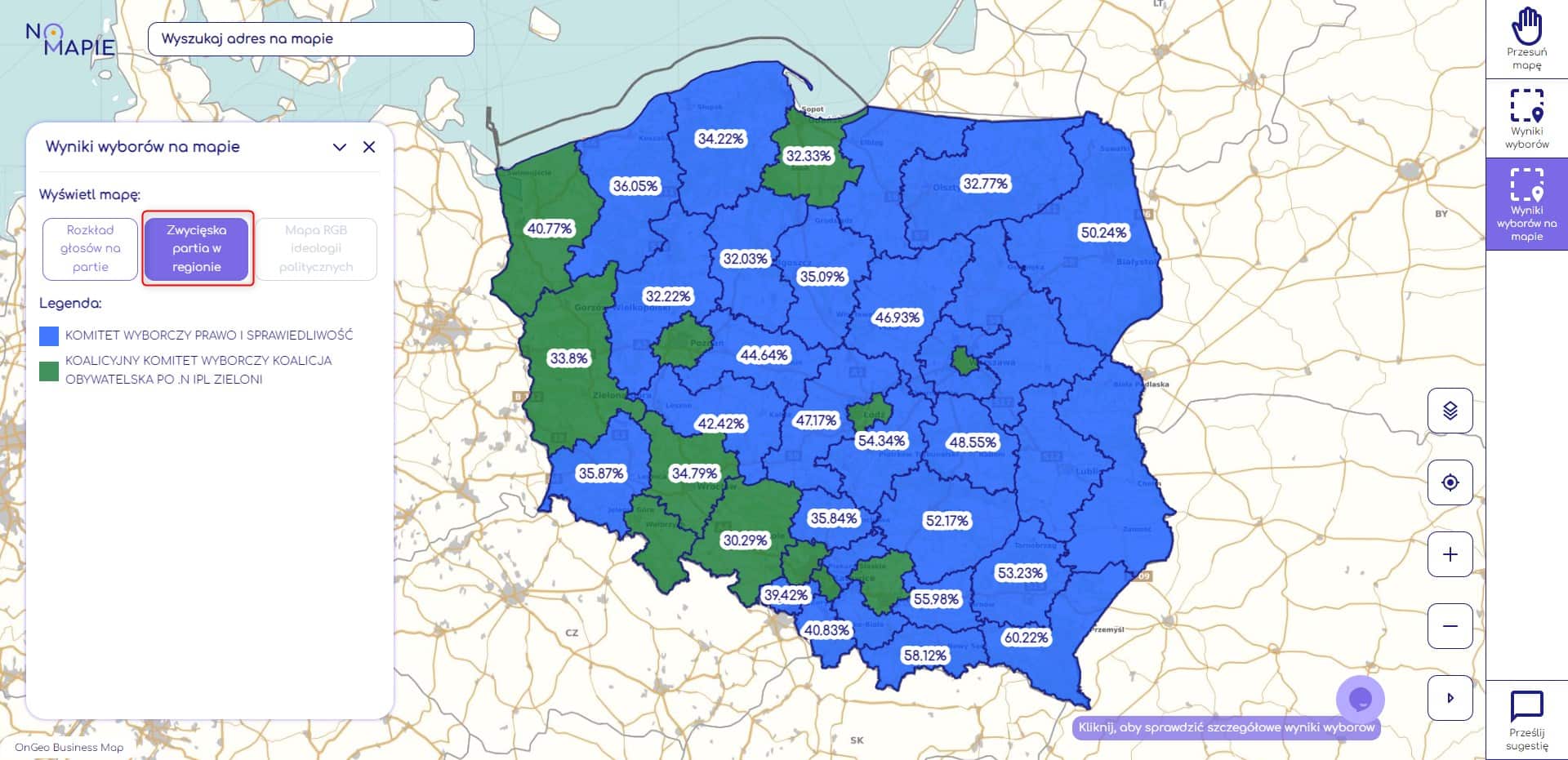 Mapa wyborów, która partia zwyciężyła w poszczególnych okręgach wyborczych