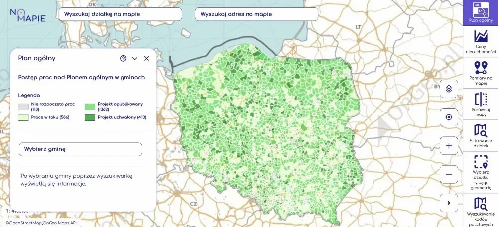 Postęp prac nad Planem ogólnym w gminach w Geoportalu Krajowym na Mapie.