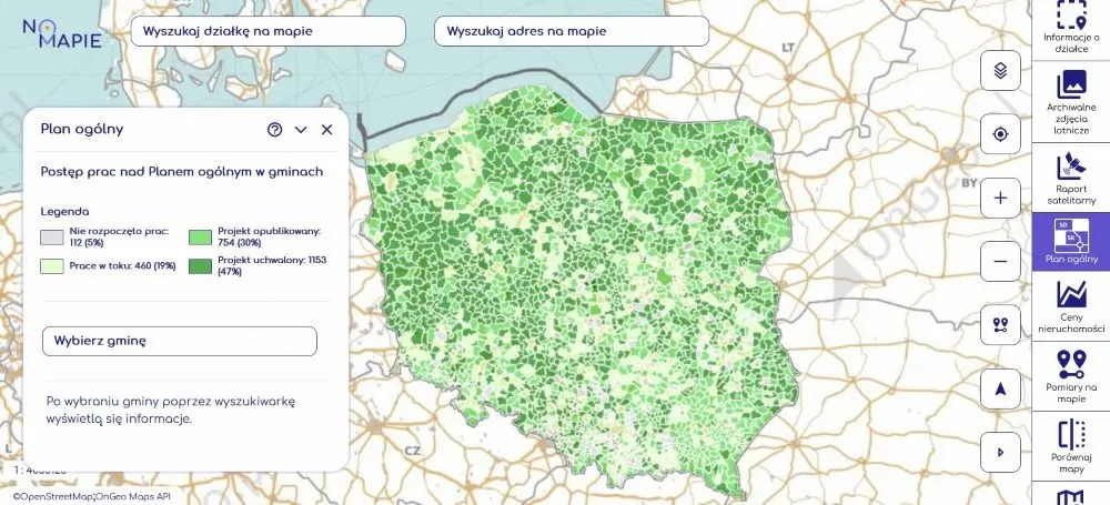 Postęp prac nad Planem ogólnym w gminach w Geoportalu Krajowym na Mapie.