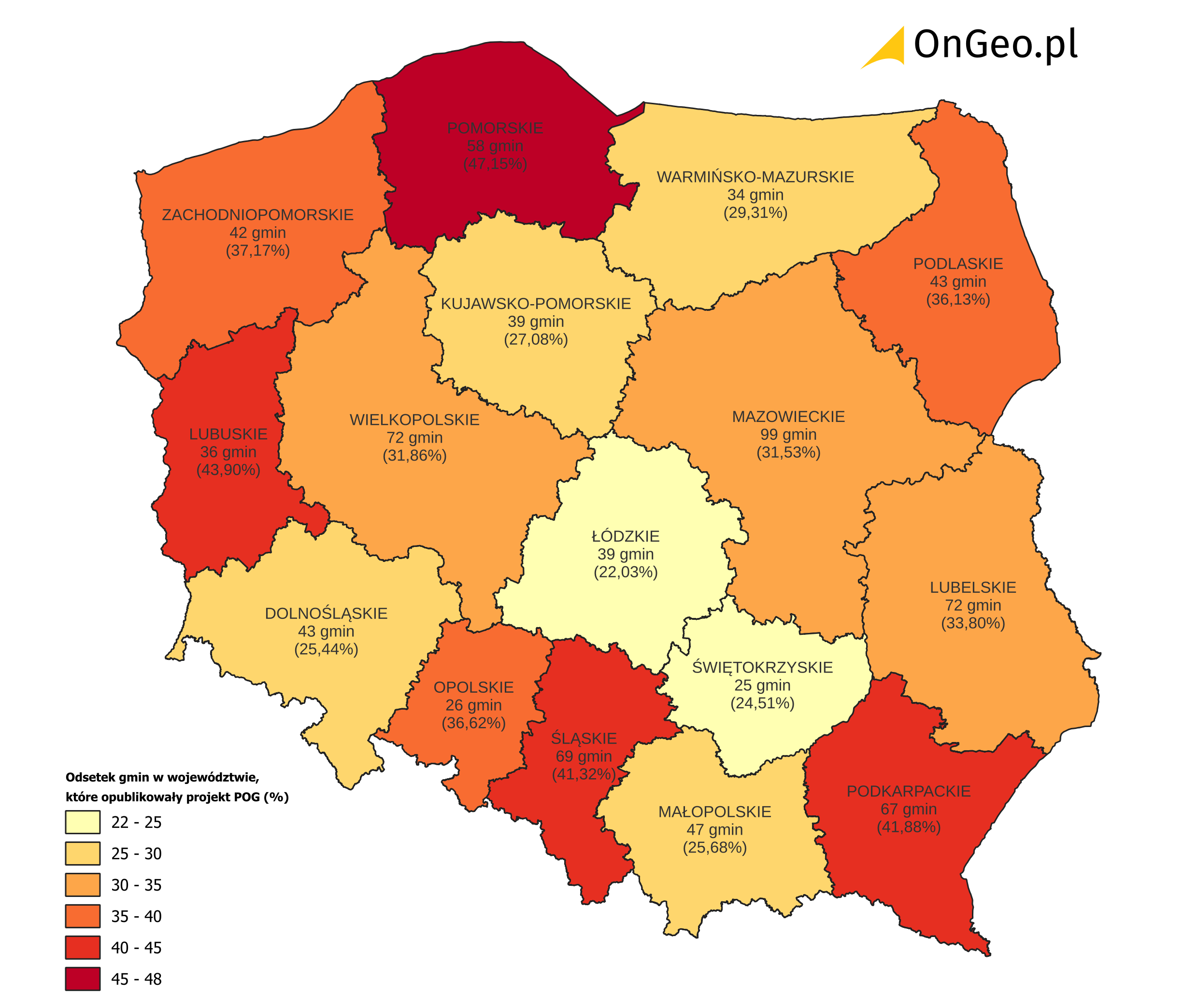Odsetek gmin w województwie, które opublikowały projekt POG [%]. Źródło: Geoportal Na Mapie