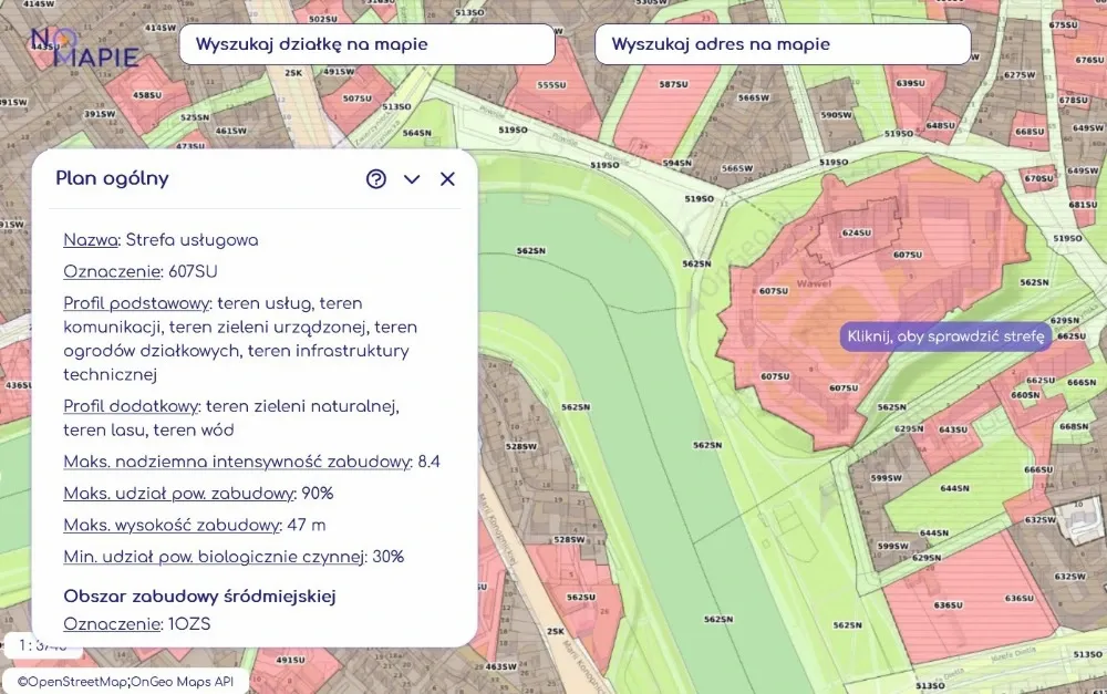 Parametry strefy planistycznej w projekcie planu ogólnego dla wybranej działki w Geoportalu Krajowym na Mapie.
