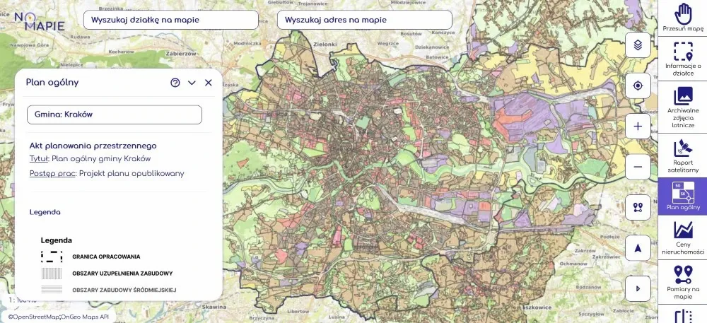 Projekt planu ogólnego Krakowa w Geoportalu Na Mapie.