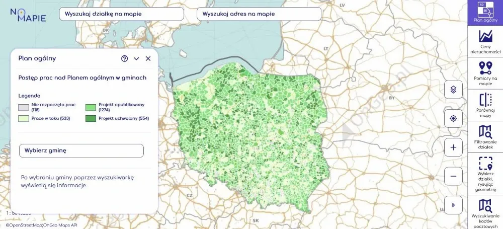 Postęp prac nad Planem ogólnym w gminach w Polsce - Geoportal Krajowy na Mapie.