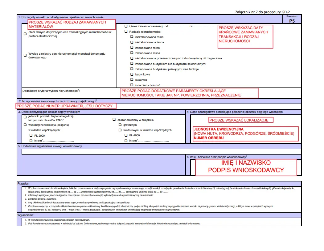 Przykład wypełnionego wniosku - P5 o dane z rejestru cen nieruchomości
