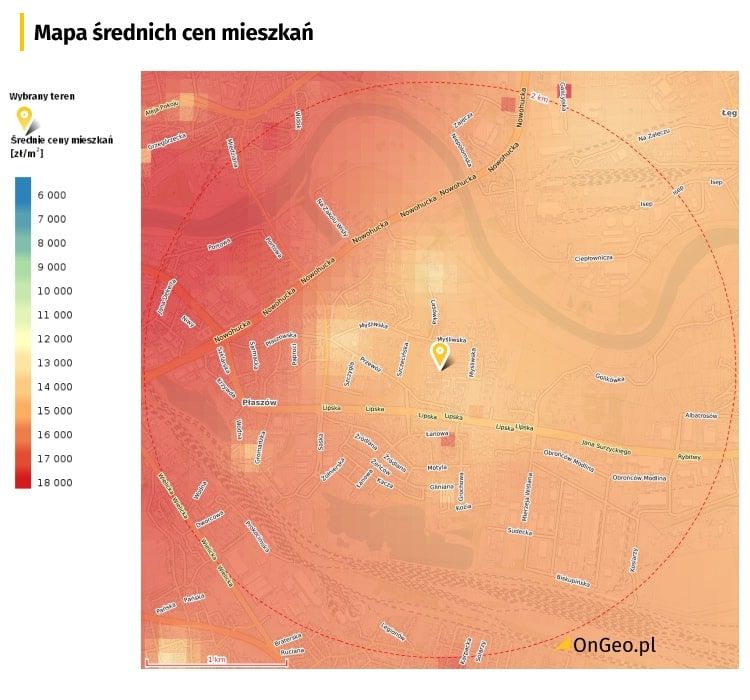 Mapa średnich cen mieszkań i domów OnGeo