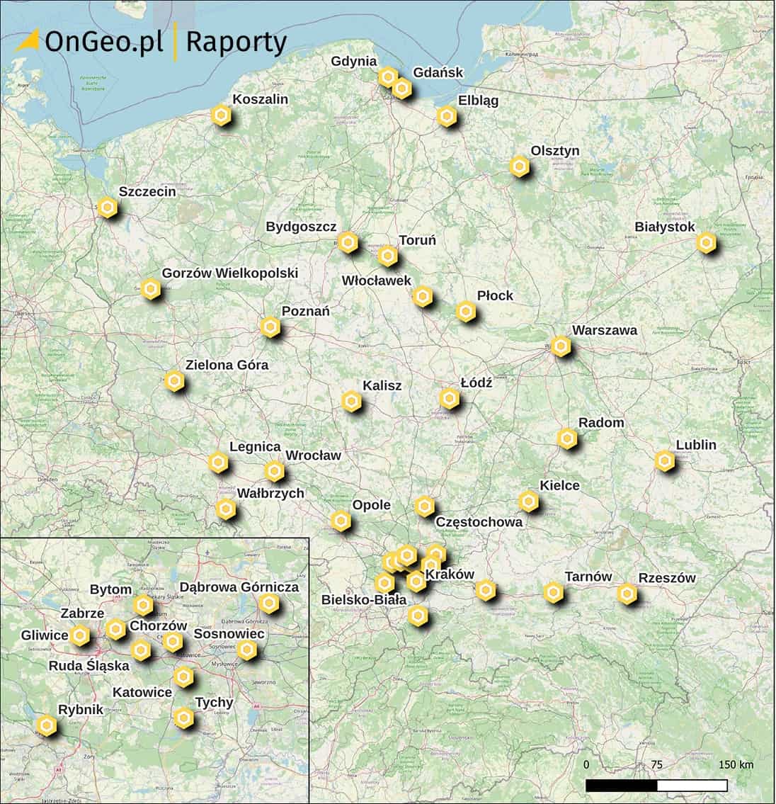 Mapa dostępności tematu Średnie ceny nieruchomości w Raporcie o Terenie OnGeo.pl