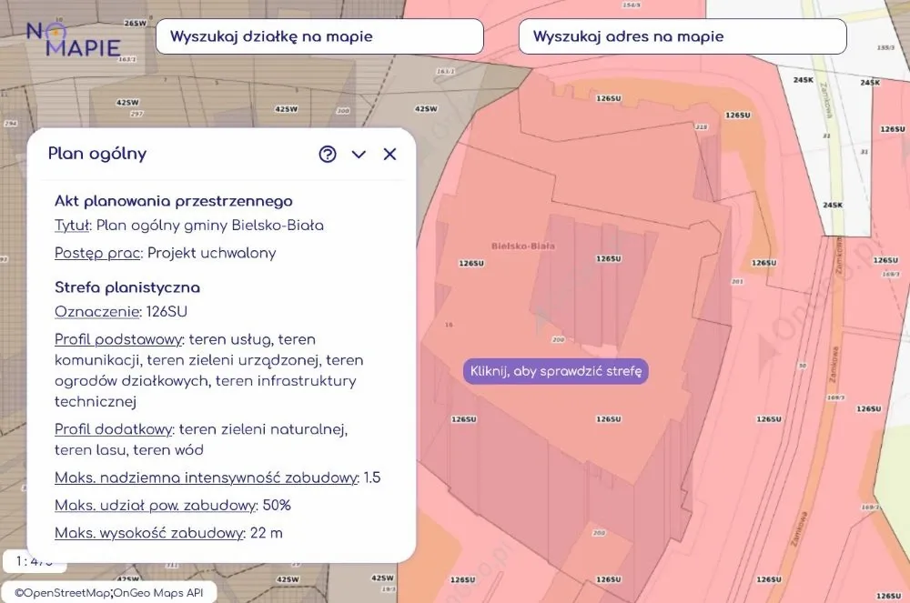 Szczegóły i parametry - strefa planistyczna działki w Planie Ogólnym Gminy w Geoportalu Krajowym.