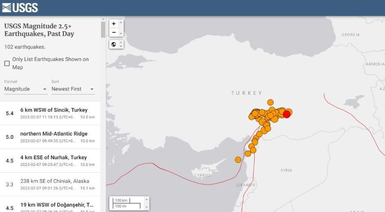 Zarejestrowane trzęsienie ziemi w Turcji w dniu 07.02.2023 r. earthquake.usgs.gov