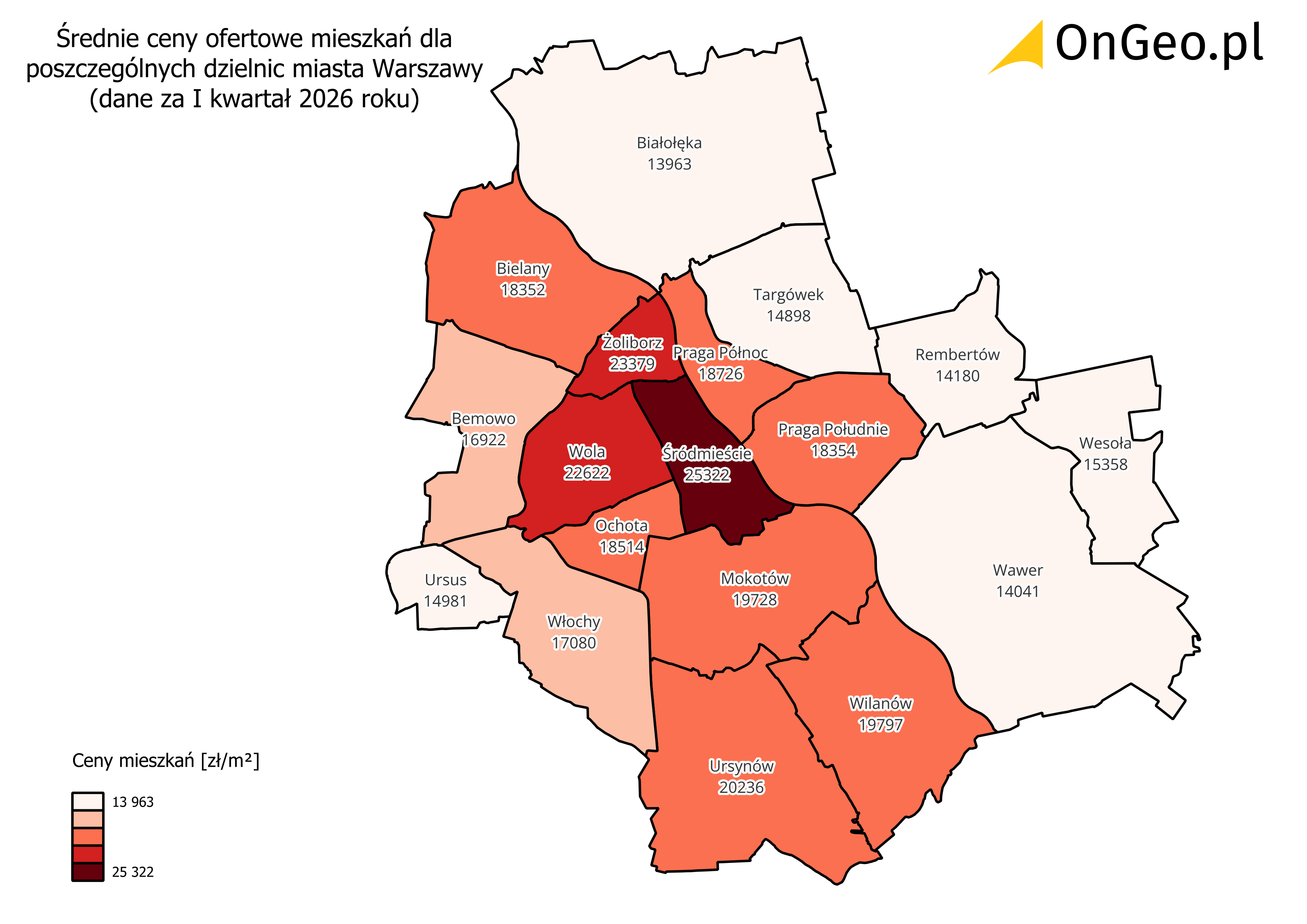 Mapa średnich cen ofertowych mieszkań w dzielnicach Warszawy.
