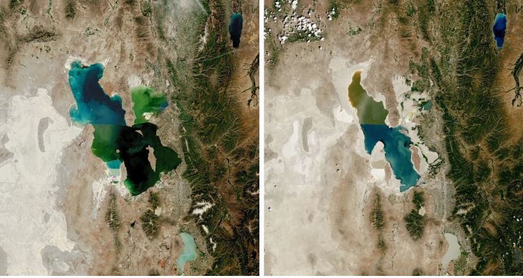 Wielkie Jezioro Słone w latach 1985 (po lewe) i 2022 (po prawej) /NASA/