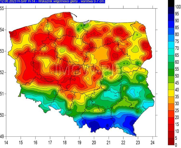 Wskaźnik wilgotności gleby według IMGW. Obraz z 12 czerwca /IMGW/