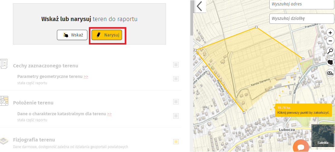 Raport o działce. Wyszukaj raport o terenie za pomocą opcji narysuj