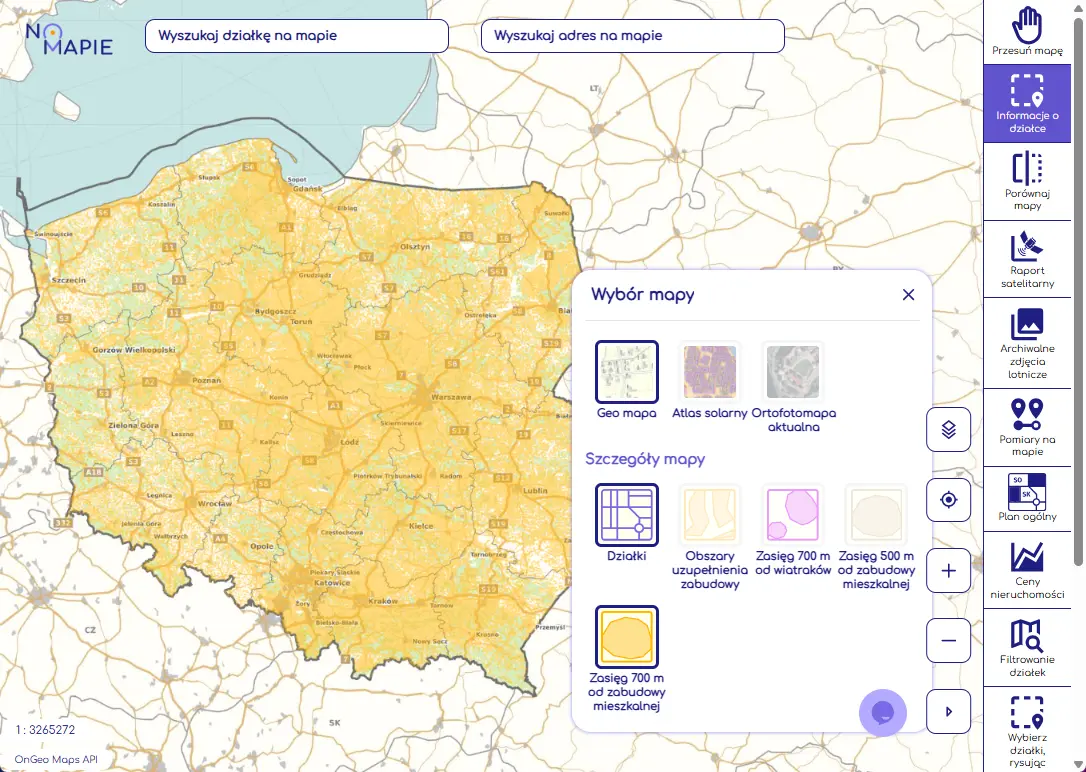 Mapa zasięgu 700 m od zabudowy mieszkaniowej, Geoportal Krajowy Na Mapie