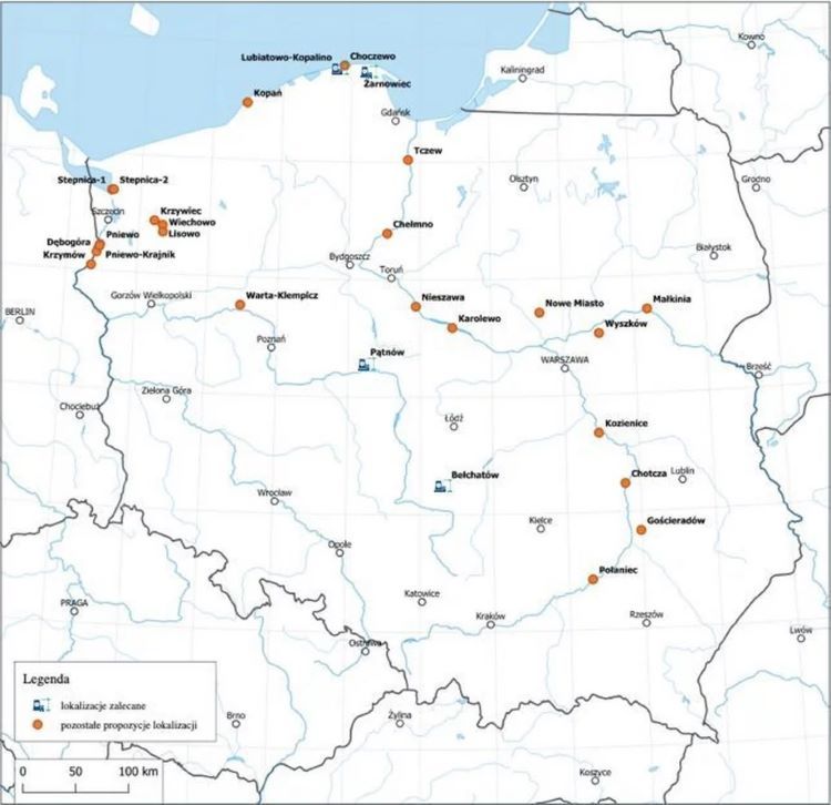 Potencjalne lokalizacje drugiej elektrowni atomowej w Polsce, źródło: MKiŚ