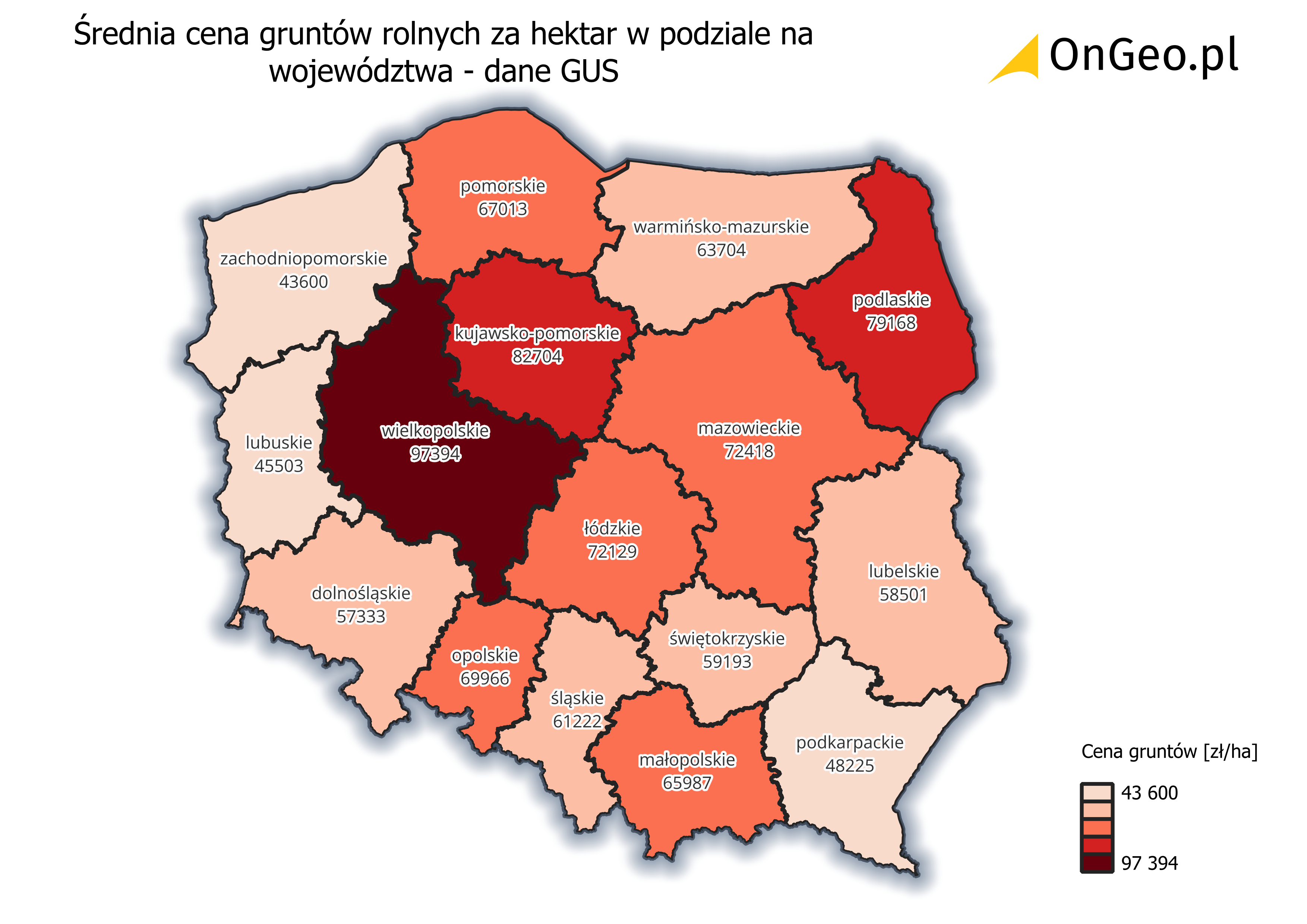 Średnia cena gruntów rolnych za hektar w podziale na województwa, dane ofertowe.