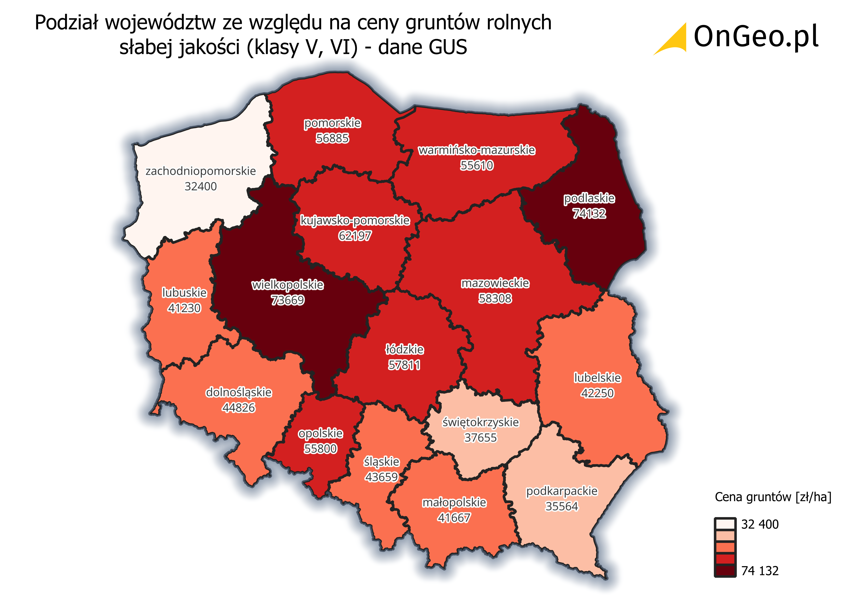 Ceny gruntów rolnych słabej jakości (klasy V i VI) w podziale na województwa.